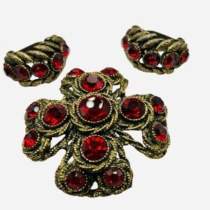 Vintage Volcanic Red Har Maltese Cross Brooch and Earring Demi Set